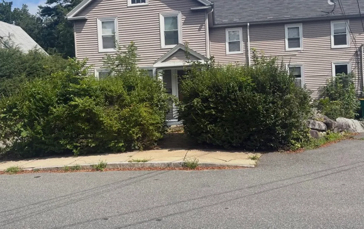Before: overgrown shrubs covering the front walkway and entrance of a house